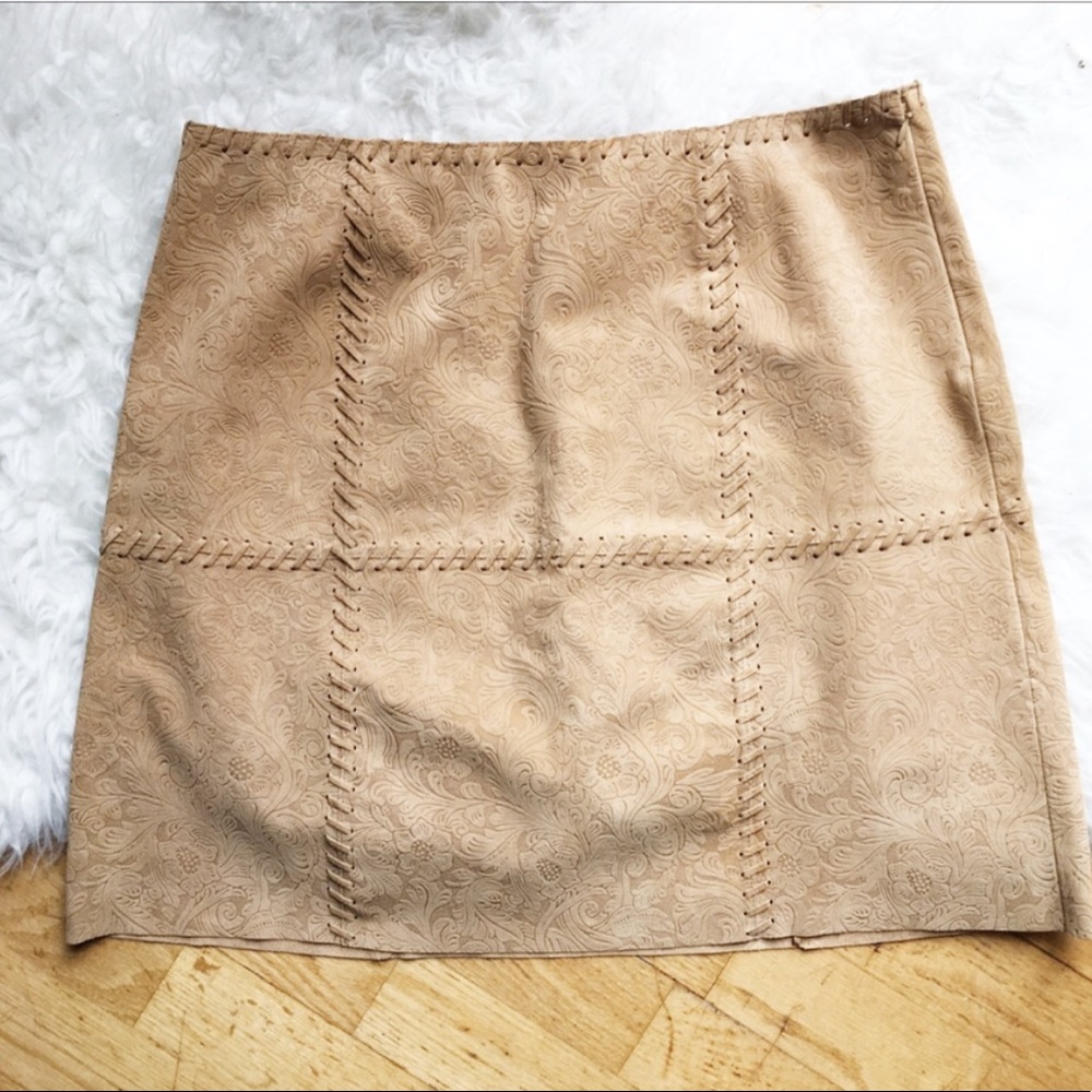 Ideology Tan Leather Patchwork Embossed Skirt - image 1